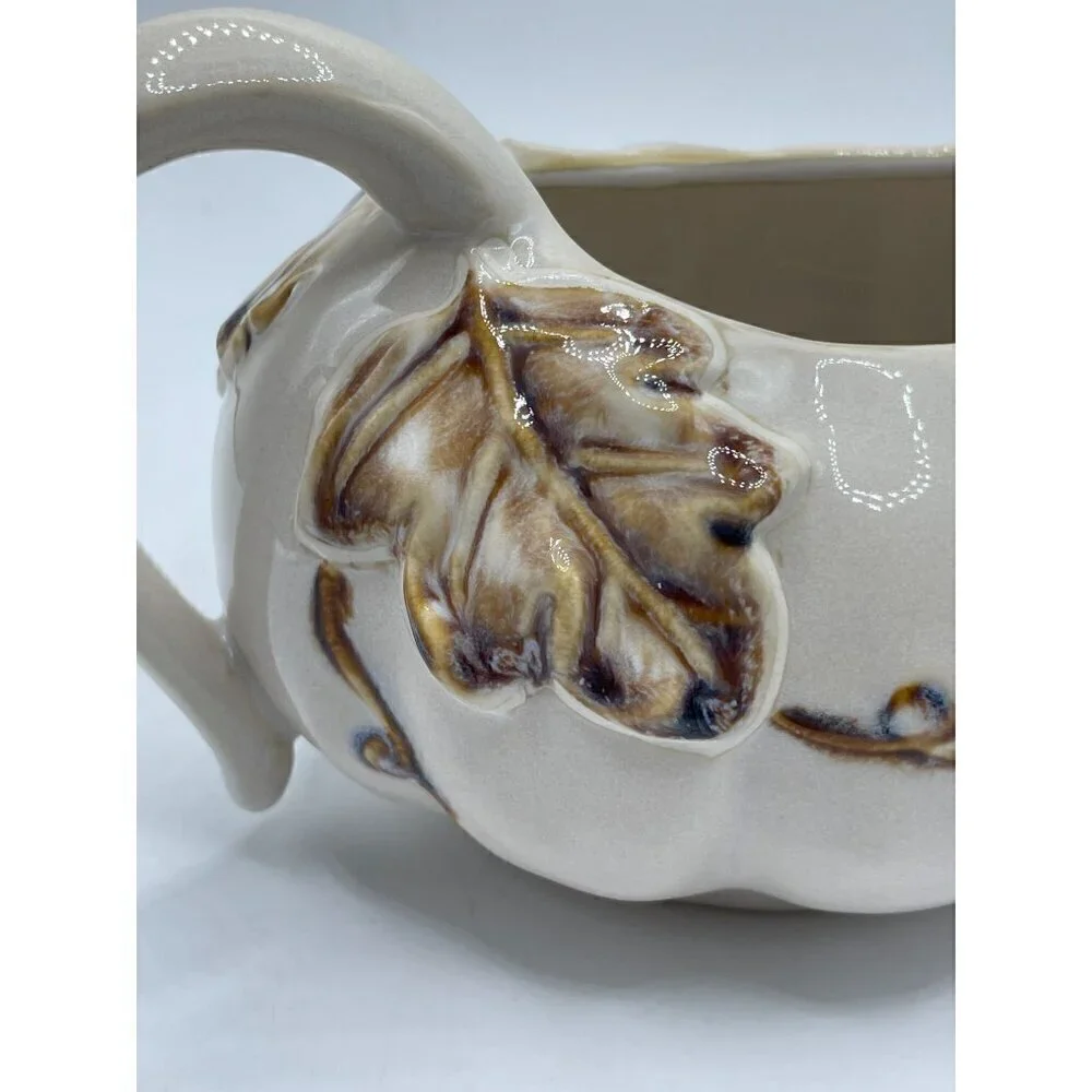 Pier 1 Hand Painted Stoneware Autumn Leaves Ribbed Handled Gravy Boat Creamware